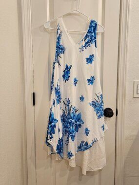 Floral Blue White Sleeveless V-Neck Asymmetrical Swing Dress Cotton M